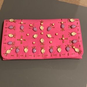 NWT Barbie pink cloth ornate clutch with convertible gold tone chain strap